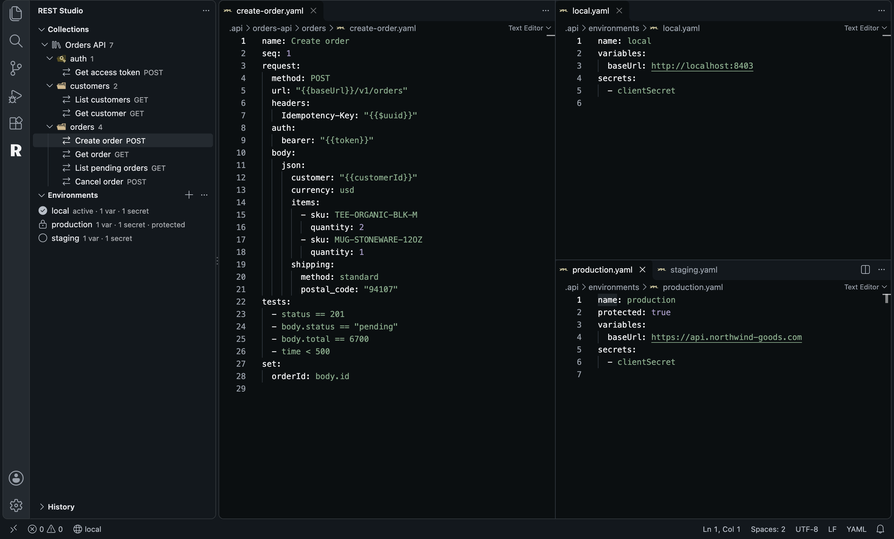 The REST Studio side bar with the Orders API collection and three environments, next to create-order.yaml, local.yaml and a protected production.yaml opened as plain YAML
