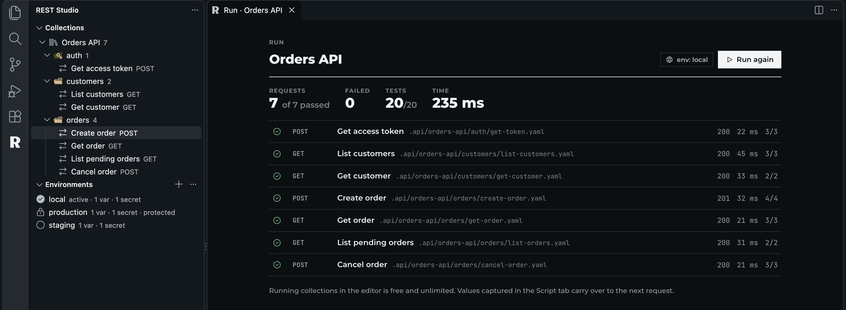 The collection runner on Orders API with env local: 7 of 7 requests passed, 0 failed, 20 of 20 tests, 235 ms, one row per request with status, time and tests