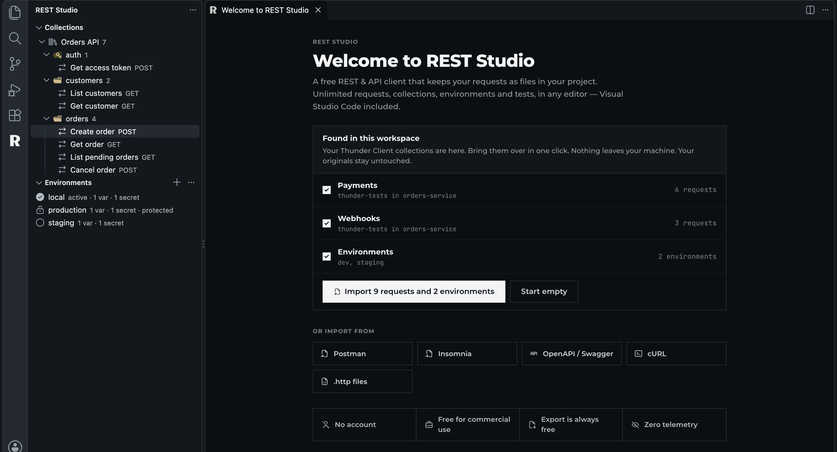 The REST Studio welcome page listing Thunder Client collections found in the workspace (Payments, 6 requests; Webhooks, 3 requests; 2 environments), an Import button, and import buttons for Postman, Insomnia, OpenAPI / Swagger, cURL and .http files
