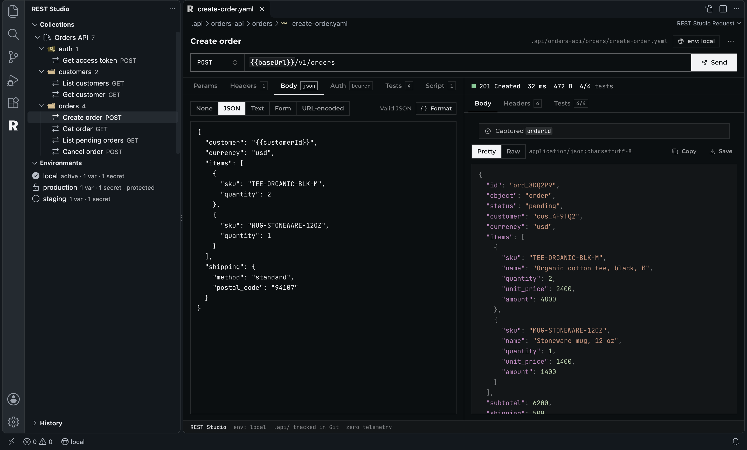 REST Studio in VS Code: the Orders API collection in the side bar, a POST /v1/orders request with a JSON body on the left, and the 201 Created JSON response with 4 of 4 tests passing on the right
