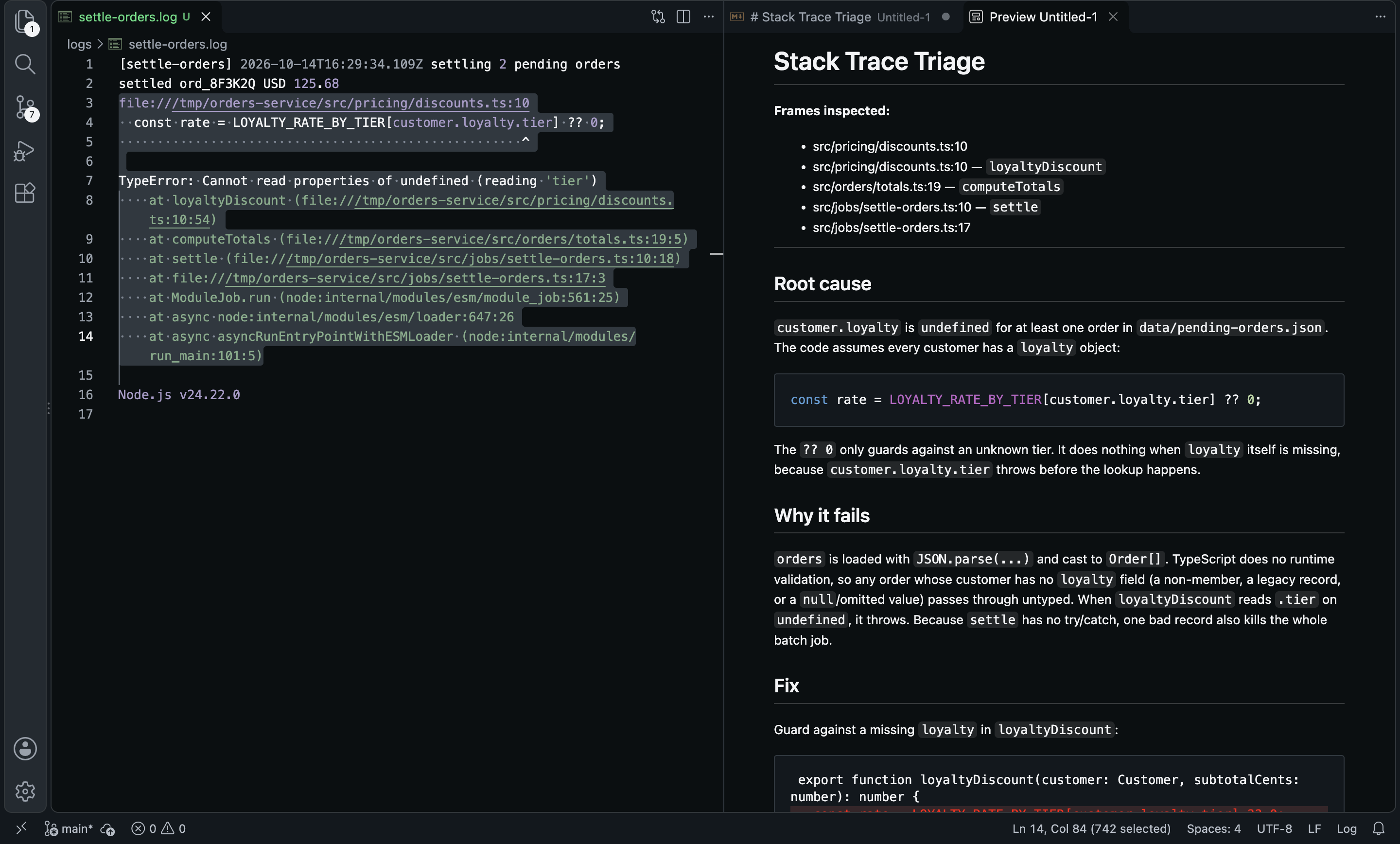 A Node.js TypeError stack trace selected in a log file on the left; on the right, the Stack Trace Triage diagnosis listing the frames it opened (discounts.ts, totals.ts, settle-orders.ts) and quoting the failing line customer.loyalty.tier as the root cause
