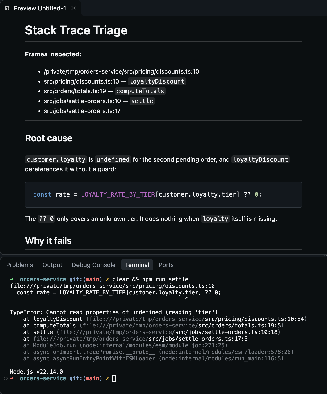 The integrated terminal shows a TypeError from npm run settle; above it, the diagnosis opened from the clipboard, with the frames inspected and the root cause quoting the failing line