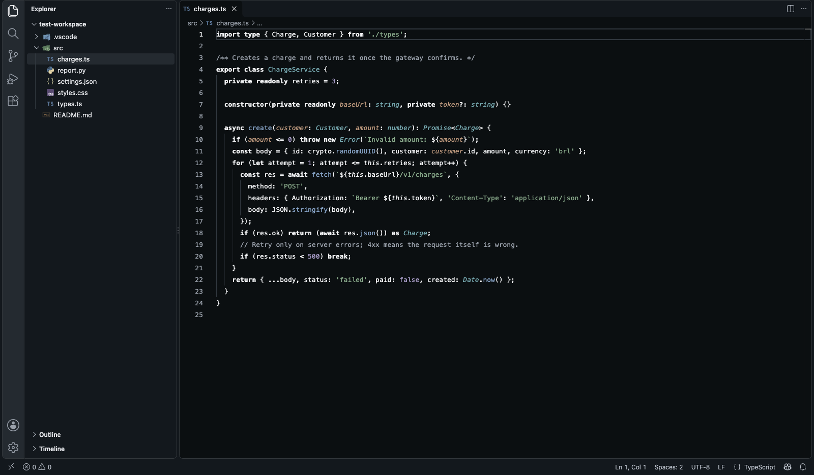Zen Dark: TypeScript in VS Code with bold keywords and pastel strings, functions and types on a near-black editor, in a gray workbench