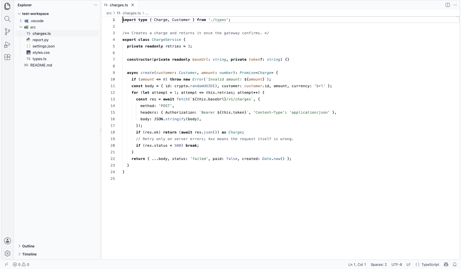 Zen Light: the same TypeScript file on a white editor with bold keywords and pastel syntax colors, in a gray workbench