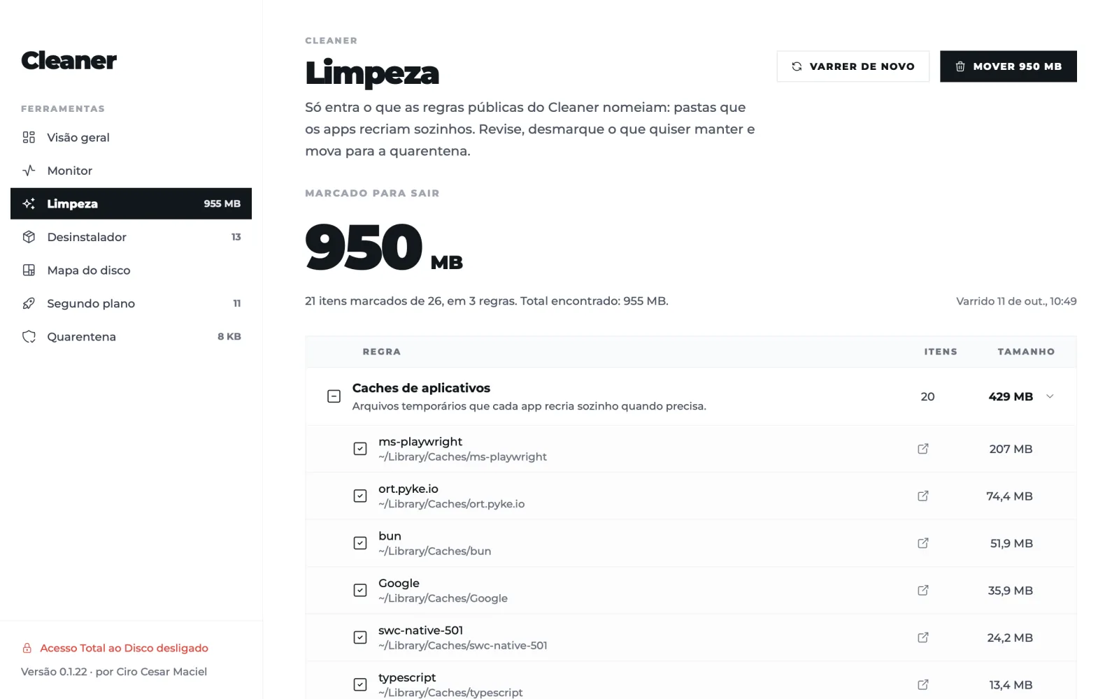 A tela Limpeza: 950 MB marcados para sair, a regra Caches de aplicativos aberta com cada pasta e seu tamanho