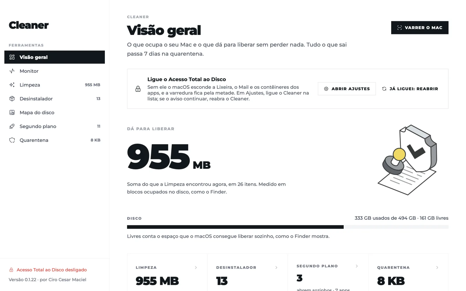 A Visão geral do Cleaner: 955 MB para liberar, o disco usado e os atalhos para Limpeza, Desinstalador, Segundo plano e Quarentena