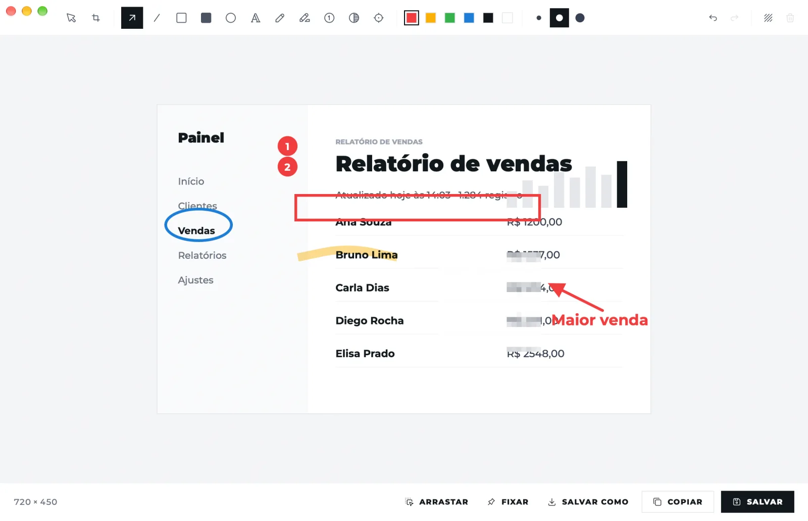 O editor do Screenshots com uma captura anotada: seta, texto, números, círculo, marca-texto e desfoque sobre os valores