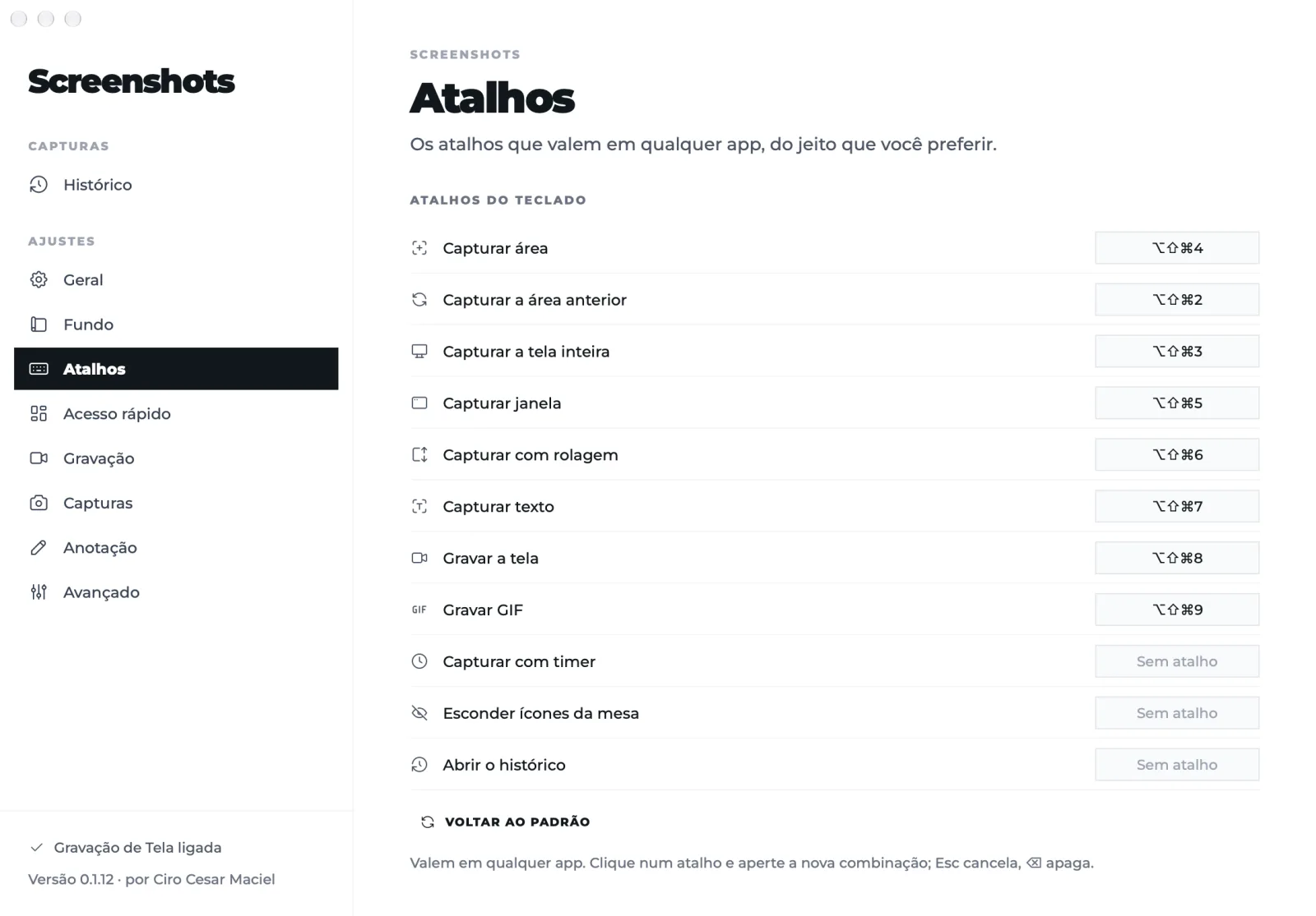 Os ajustes de atalhos do Screenshots: capturar área, área anterior, tela inteira, janela, com rolagem, texto, gravar a tela e gravar GIF